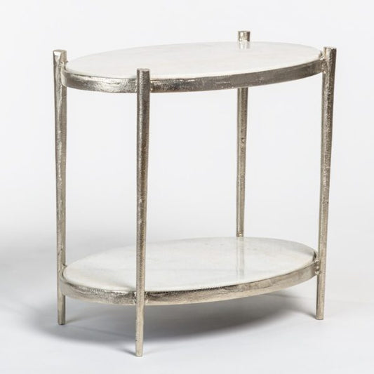 Theo End Table in Cloud Marble and Antique Nickel Finish